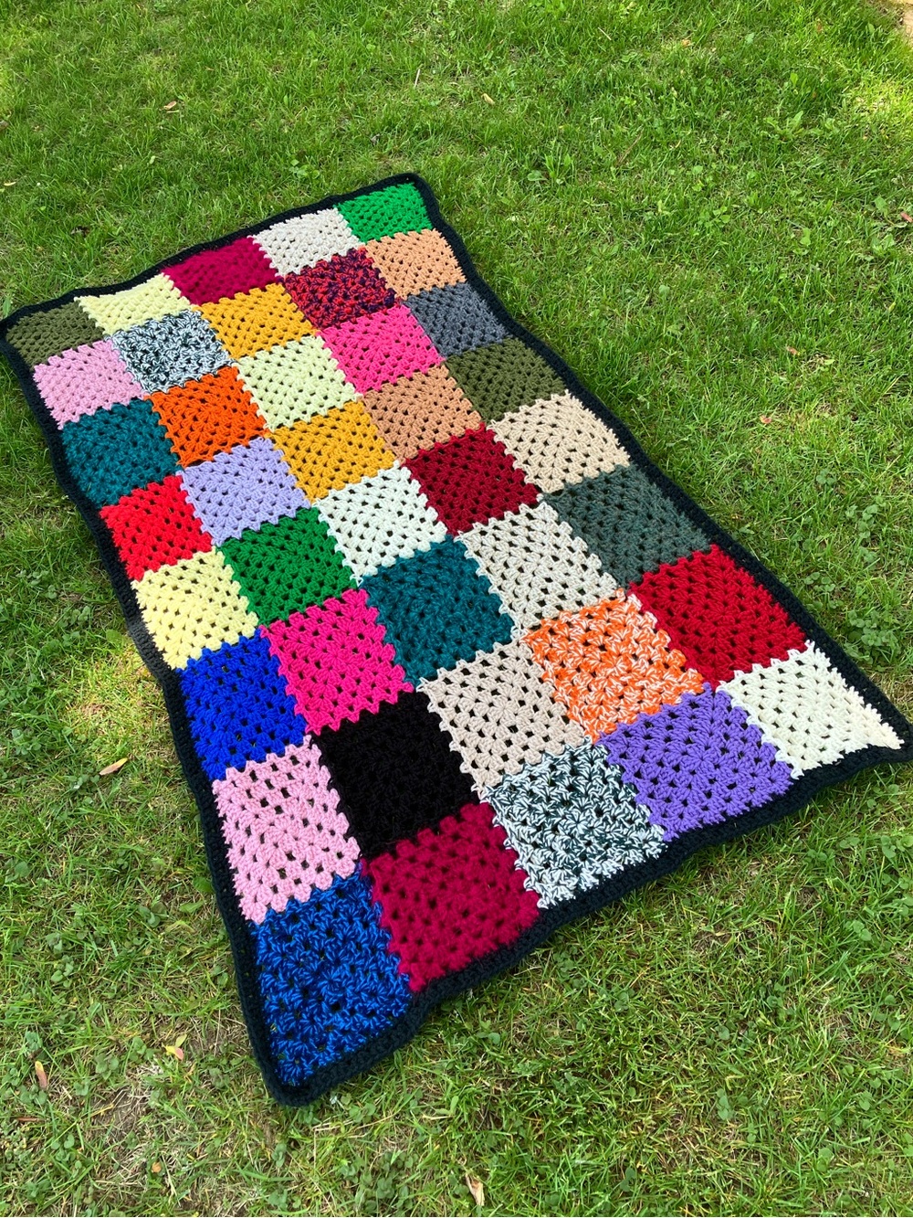 Hand Crafted Wool Blend Multicolor Crochet Patchwork Throw Blanket